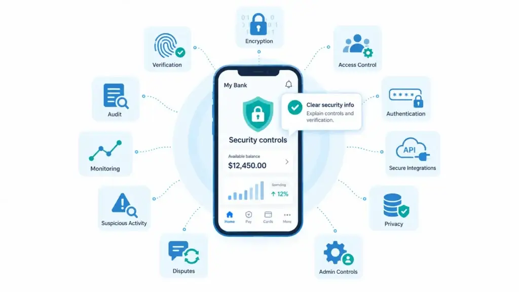 Digital Banking Platform Marketing Strategy: From User Sign-Up to First Transaction and Repeat Usage 2 Digital banking security controls showing verification, encryption, authentication, access control, monitoring, suspicious activity detection, privacy, secure APIs, disputes, and admin controls.