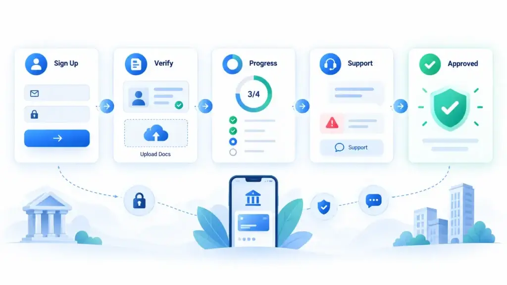 Digital Banking Platform Marketing Strategy: From User Sign-Up to First Transaction and Repeat Usage 1 Digital banking onboarding process showing sign-up, identity verification, document upload, application progress, support, and final approval.