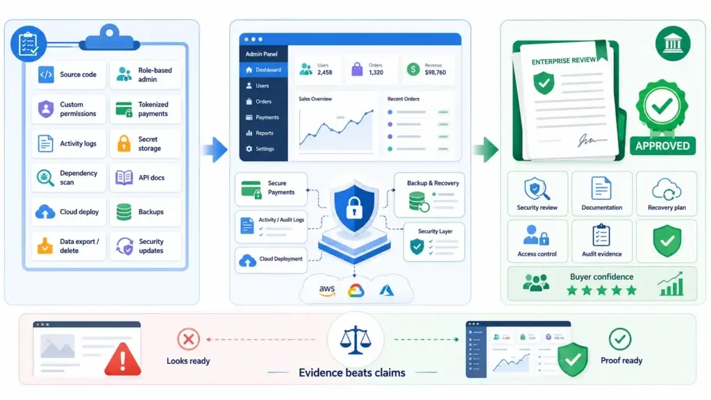 The Pre-Launch Compliance Checklist: Meeting Enterprise Security Standards 2 Enterprise compliance checklist infographic showing source code, role-based admin, custom permissions, tokenized payments, activity logs, secure storage, dependency scan, API docs, cloud deployment, backups, data export and deletion, security updates, admin dashboard, audit logs, secure payments, backup recovery, access control, documentation, recovery plan, audit evidence and approved enterprise review.