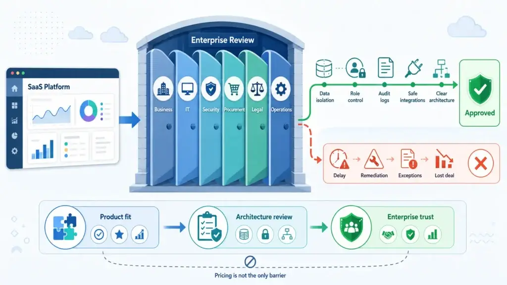 Passing the Enterprise IT Review: The Architecture Choice for B2B SaaS 1 Enterprise IT review infographic showing a SaaS platform moving through business, IT, security, procurement, legal and operations review gates, with data isolation, role control, audit logs, safe integrations, clear architecture, approval status, remediation delays and lost deal risk.