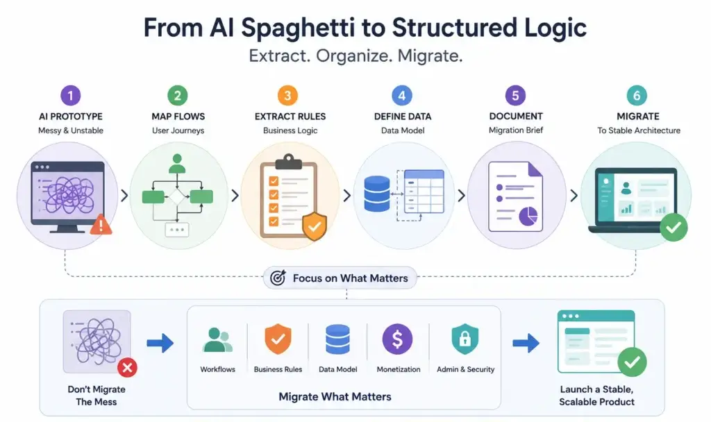 Escaping the Prompt Loop: How to Debug and Extract Logic from Cursor Builds 2 Flowchart showing how to extract business logic, workflows, data models, and monetization rules from a Cursor AI prototype