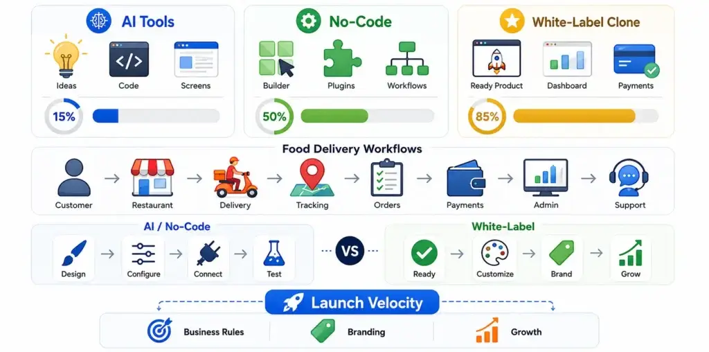 Launch Velocity: Comparing AI Tools, No-Code Platforms, and Pre-Built Clones 1 Feature completion comparison infographic showing AI tools at 15%, no-code platforms at 50%, and white-label clones at 85%, with food delivery workflows and launch velocity stages.