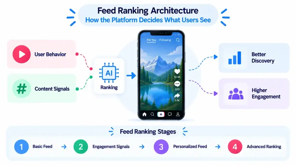 Short-Form Video Platform Architecture: Feed Ranking, Video Delivery, Creator Tools, and Live Streaming 1 Feed ranking architecture for a short-form video platform using user behavior and content signals to improve discovery and engagement