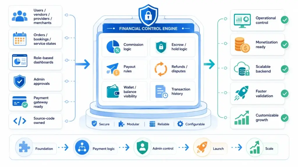 Architecting Multi-Party Payments: Reconciling Escrow in On-Demand Systems 2 Marketplace financial control engine infographic showing users, vendors, orders, admin approvals, payment gateway, commission logic, escrow holds, payout rules, refunds, disputes, wallet balance visibility, transaction history, operational control and scalable backend.