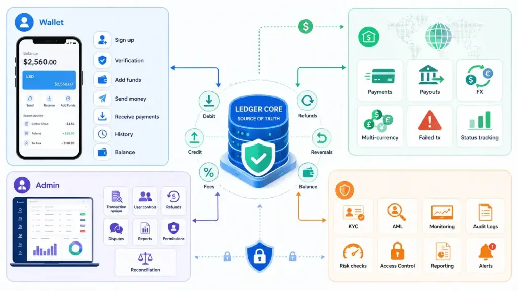 FinTech Architecture: Evaluating Development Paths for Your Digital Wallet 1 FinTech wallet architecture infographic showing wallet app, admin dashboard, ledger core, debit, credit, fees, refunds, reversals, balances, payments, payouts, FX, multi-currency support, failed transactions, status tracking, KYC, AML, monitoring, audit logs, risk checks, access control and reporting.