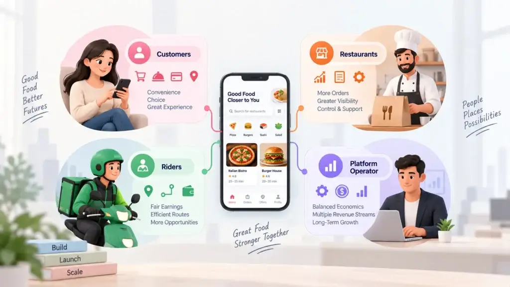 Food Delivery Marketplace Business Model: How Restaurants, Customers, Riders, and Platform Economics Connect 1 Food Delivery Marketplace Business Model connecting customers, restaurants, delivery riders, and platform operators through one system.