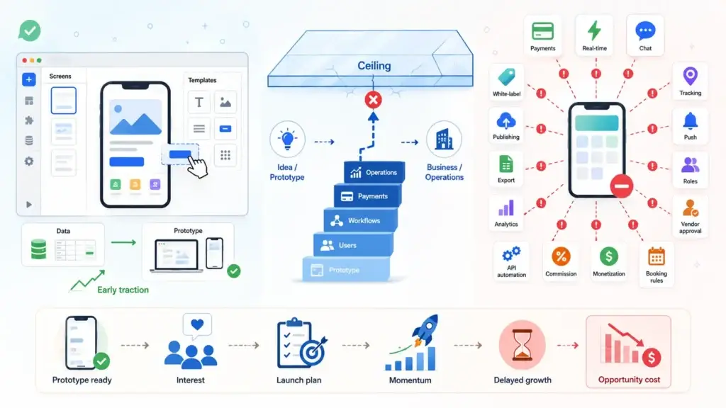 The True Cost of Free App Builders: When Your MVP Hits the Feature Ceiling 2 Free app builder limitation infographic showing prototype screens, templates, data, early traction and launch plan hitting a ceiling when the app needs operations, payments, workflows, users, business logic, white-label publishing, analytics, API automation, commissions, monetization, bookings, roles, vendor approval, tracking, push notifications and refunds.