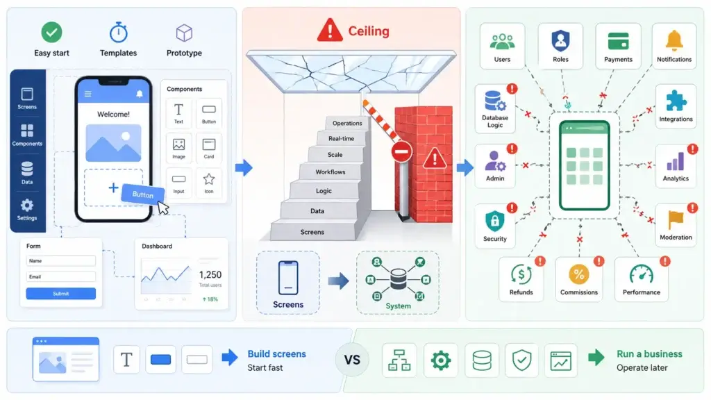 The True Cost of Free App Builders: When Your MVP Hits the Feature Ceiling 1 Free app builder limitation infographic showing easy drag-and-drop templates, screens, forms, dashboards and prototypes hitting a feature ceiling, then exposing production gaps such as users, roles, payments, notifications, database logic, admin control, security, integrations, analytics, moderation, refunds, commissions and performance.