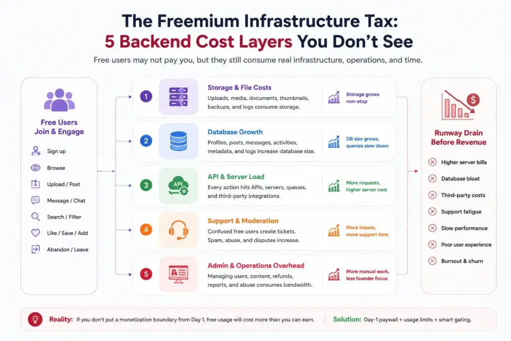 The Freemium Death Spiral: Why Your App Clones Need a Day-1 Paywall 1 Backend infrastructure cost layers showing how free app clone users increase storage, API calls, database records, support tickets, and admin workload