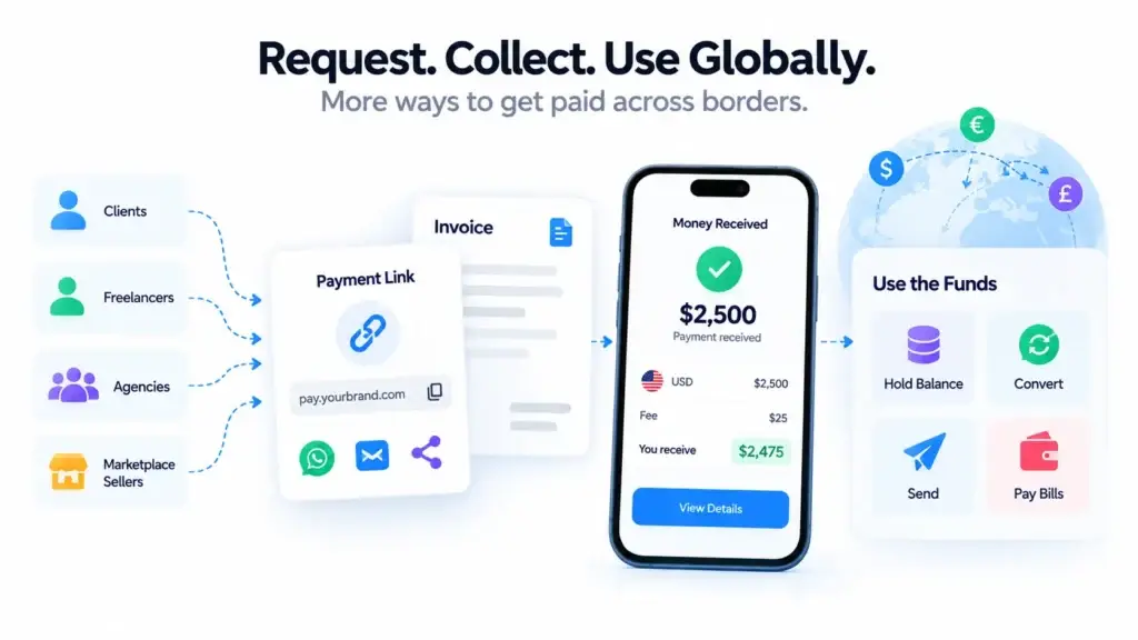 Cross-Border Payment Platform Features: Multi-Currency Accounts, FX, Transfers, Business Payments, and Admin Controls 2 Cross-Border Payment Platform Features showing payment links, invoices, global collections, currency conversion, and fund usage