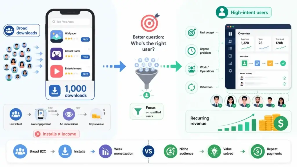 Maximizing High-Intent Yield: Why 1,000 Downloads Can Fund Your Entire Startup 1 App monetization infographic showing broad 1,000 downloads with low intent, low engagement, ad impressions and tiny revenue compared with high-intent qualified users, real budget, urgent problem, work operations, retention, recurring revenue and repeat payments.