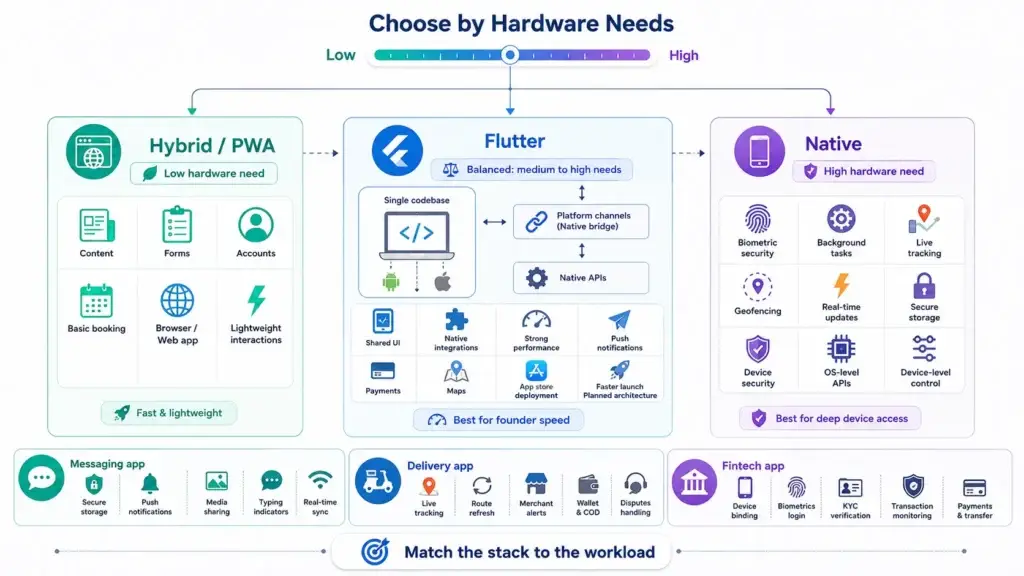 Native Compilation vs. Hybrid Frameworks: The Strategic Choice for Mobility Apps 2 Comparison of Hybrid/PWA, Flutter, and Native app development based on hardware access, performance, and application needs.