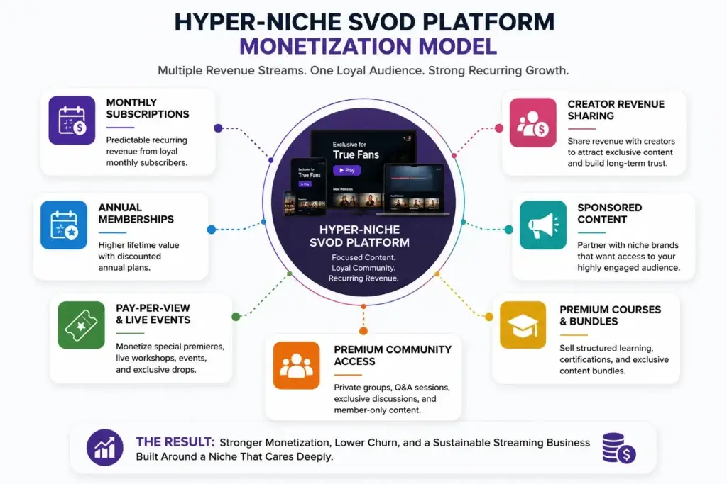 Stop Trying to Be Netflix: Why Hyper-Niche SVOD Is the Only Profitable Play in 2026 3 Hyper-niche SVOD platform monetization model with subscriptions and premium content revenue