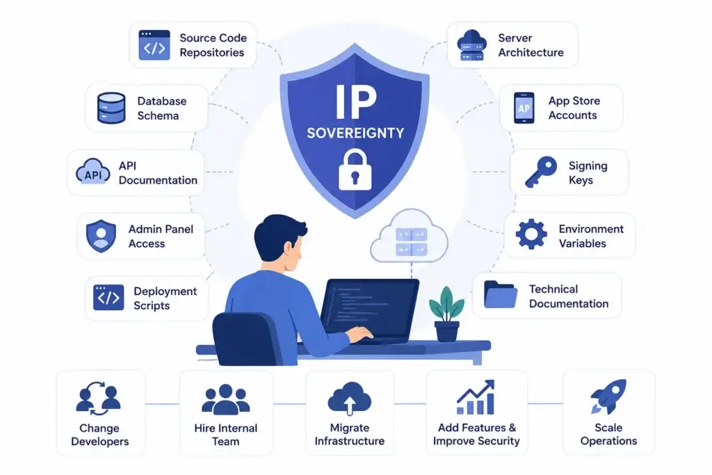 The Productization Playbook: How to Ensure Total Ownership of Your App Stack 1 IP sovereignty infographic showing founder control over source code repositories, database schema, API documentation, admin panel access, deployment scripts, server architecture, app store accounts, signing keys, environment variables, and technical documentation.