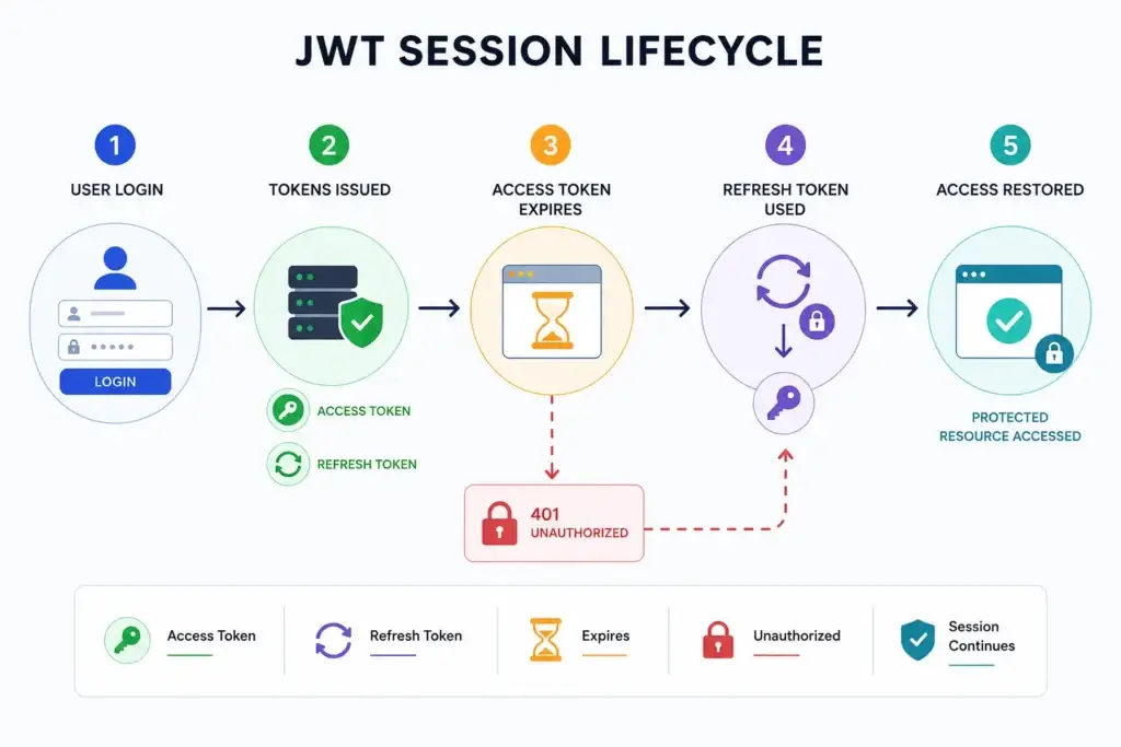 The Authentication Loop: Analyzing Session Failures in AI-Generated MVPs 1 JWT session lifecycle diagram showing login, access token expiry, refresh token flow, and authenticated session renewal in an AI-generated app