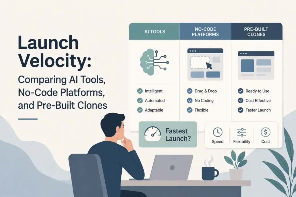 Launch velocity comparison infographic showing AI Tools vs No-Code vs Pre-Built Clones across speed, flexibility, cost, automation, drag-and-drop building, and launch readiness.