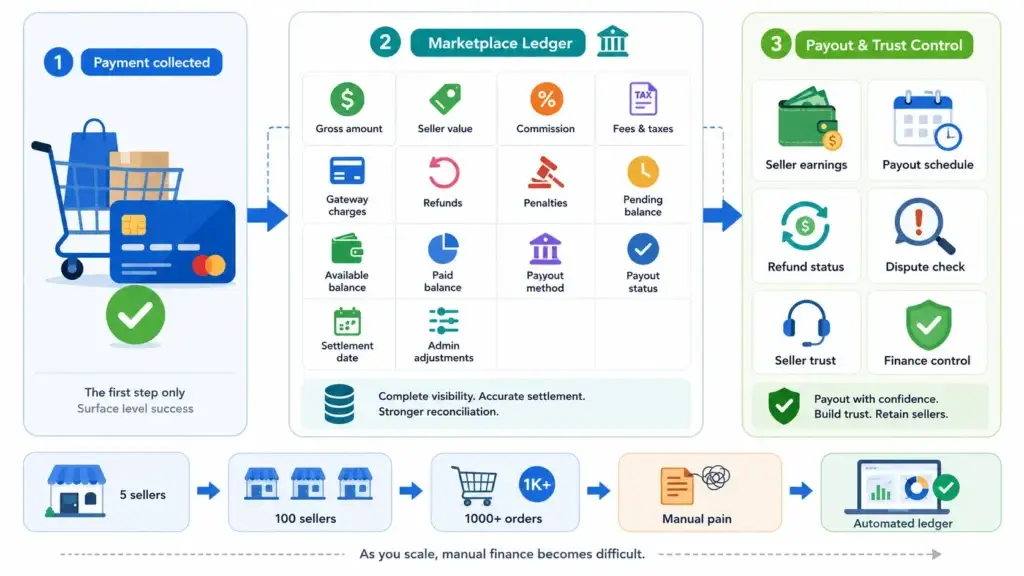 Multi-Vendor Marketplaces vs. E-Commerce Scripts: Choosing the Right Database 2 Marketplace ledger infographic showing payment collected, gross amount, seller value, commission, fees and taxes, gateway charges, refunds, penalties, pending balance, available balance, paid balance, payout method, payout status, seller earnings, payout schedule, refund status, dispute check, seller trust, finance control and automated ledger reconciliation.