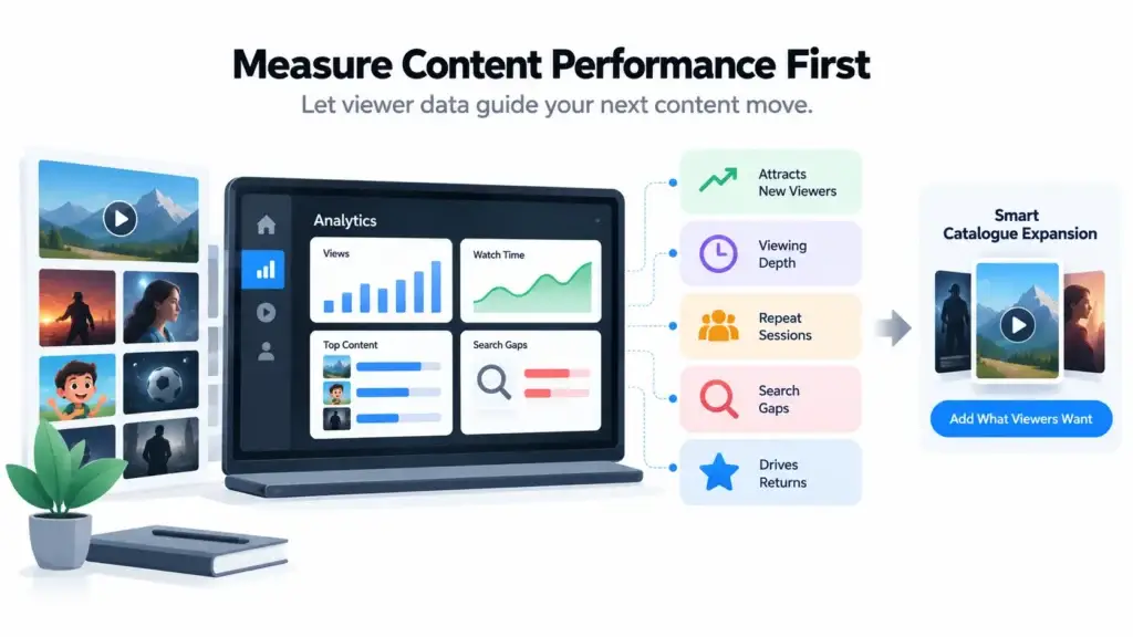 Why Niche OTT Streaming Platforms Can Compete Without Building a Massive Content Library 2 OTT content performance analytics showing views, watch time, repeat sessions, search gaps, and smart catalogue expansion