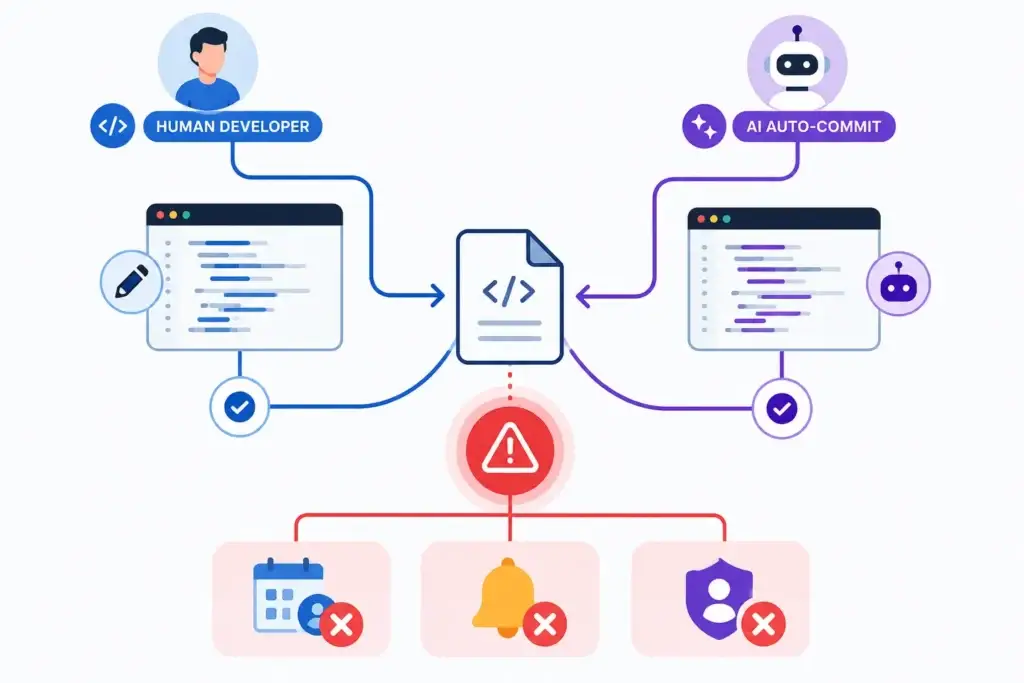 The Auto-Commit Disaster: Managing Git Conflicts in AI-Generated Repos 1 AI auto-commit and human developer branches causing a merge conflict in an AI-generated repo