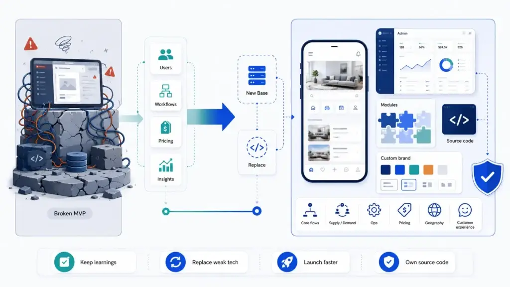 Fix vs. Rebuild: The Ultimate Decision Framework for AI-Built Startups 2 MVP migration infographic showing a broken startup app with tangled backend issues moving to a new launch-ready platform with users, workflows, pricing, insights, mobile app screens, admin dashboard, custom branding, source code, modules, security, operations, geography, pricing and customer experience.