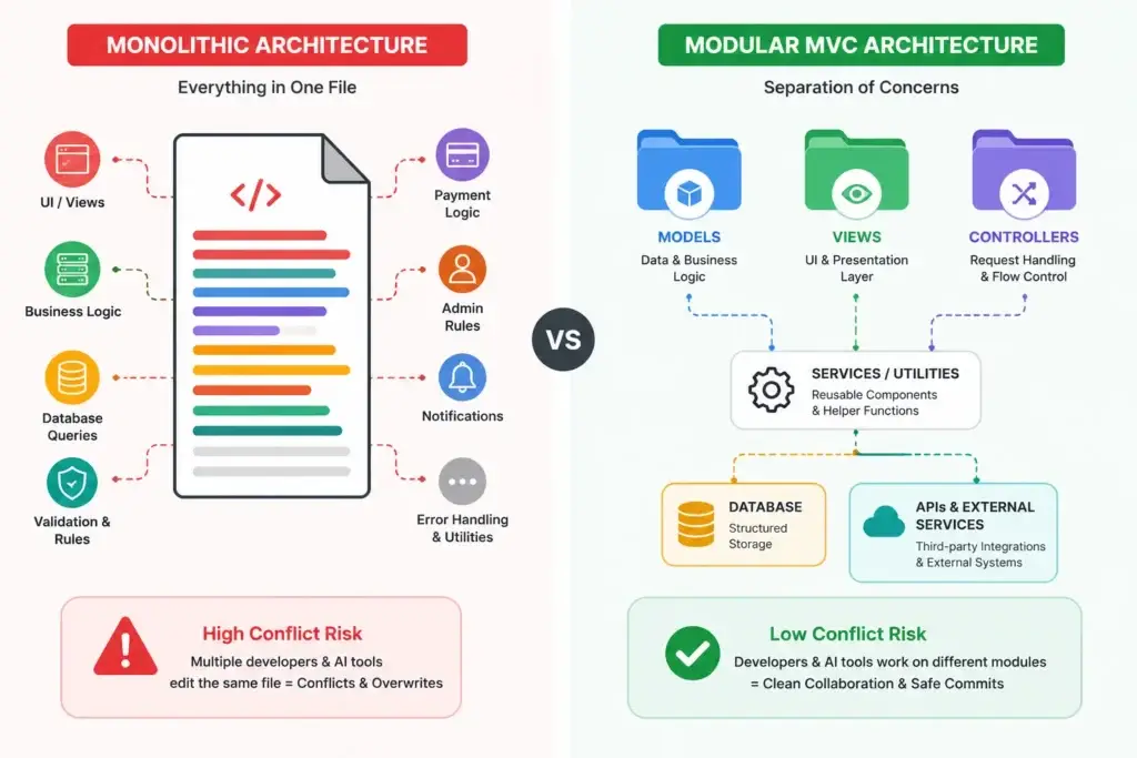 The Auto-Commit Disaster: Managing Git Conflicts in AI-Generated Repos 2 Monolithic AI-generated repo compared with modular MVC architecture for cleaner development collaboration