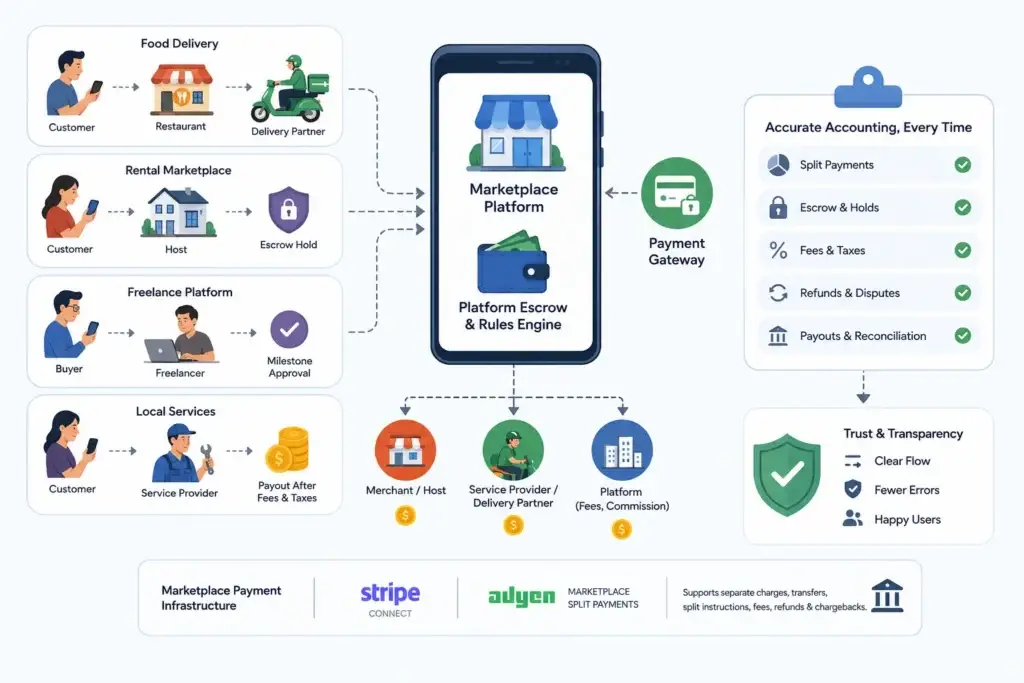 Architecting Multi-Party Payments: Reconciling Escrow in On-Demand Systems 1 Marketplace payment architecture infographic showing food delivery, rental marketplace, freelance platform and local services payment flows connected to a marketplace platform escrow and rules engine, payment gateway, split payments, escrow holds, fees, taxes, refunds, disputes, payouts and reconciliation.