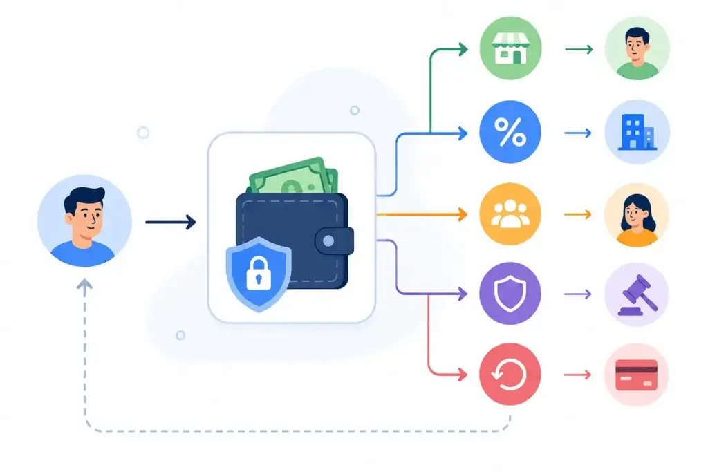 Escrow Routing Failures: The Decision Framework for AI Marketplace Startups 1 Multi-party marketplace payment routing diagram showing escrow, commission, seller payout, dispute hold, and refund flow