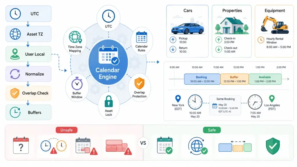 Designing a Peer-to-Peer Rental Engine: Solving the Availability Challenge 2 Rental marketplace calendar engine infographic showing UTC storage, asset timezone, user local time, normalized timestamps, overlap checks, buffer windows, asset locks, calendar rules, pickup and return times, property check-in and checkout, hourly rental windows and safe booking availability.