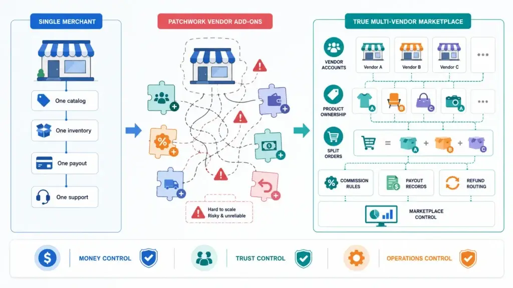 Multi-Vendor Marketplaces vs. E-Commerce Scripts: Choosing the Right Database 1 Multi-vendor marketplace architecture infographic comparing single merchant setup, patchwork vendor add-ons, and true marketplace system with vendor accounts, product ownership, split orders, commission rules, payout records, refund routing, money control, trust control, and operations control.