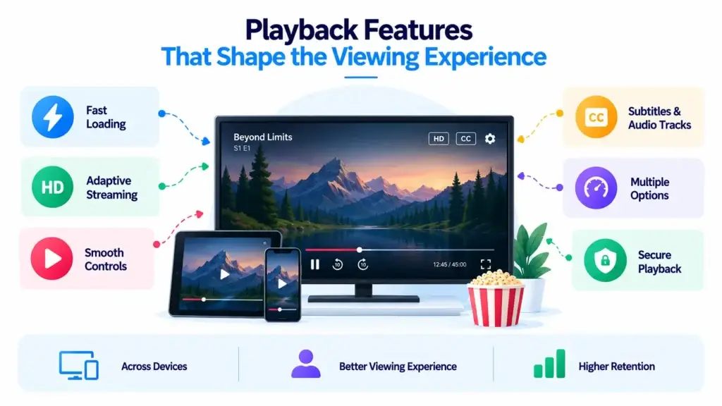 OTT Streaming Platform Feature Planning: What Founders Need From Playback to Platform Operations 1 OTT playback features including fast loading, adaptive streaming, smooth controls, subtitles, multiple audio options, and secure playback