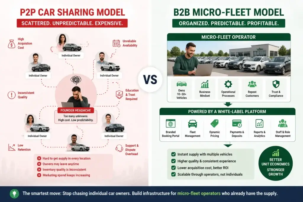 Stop Relying on Peer-to-Peer: Why B2B Micro-Fleets Are the True Future of Car Sharing 1 P2P car sharing versus B2B micro-fleet model infographic showing individual car owner acquisition problems, inconsistent vehicle quality, low retention, founder headache, micro-fleet operators, white-label platform features, fleet management, payments, analytics, compliance, and better unit economics.