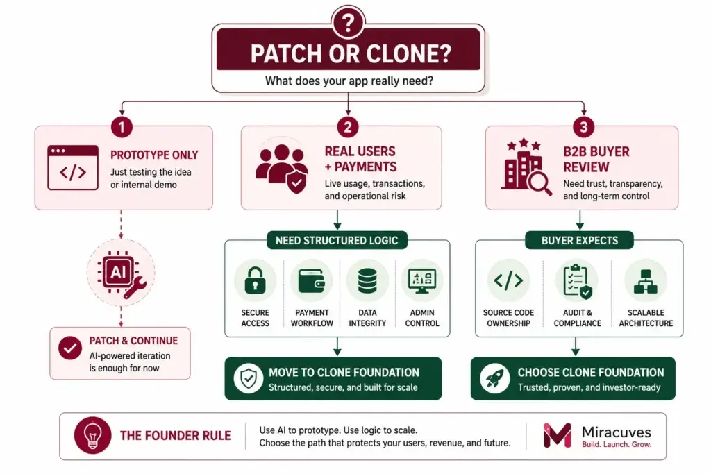 Security Showdown: AI-Prompted Syntax vs. Pre-Compiled Clone Logic 4 Decision flowchart for patching an AI-generated app or choosing a clone app foundation