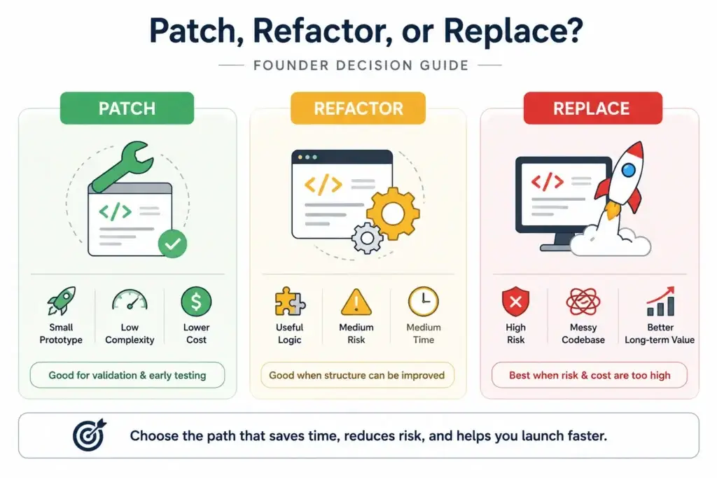 The Debug Premium: Why Agencies Charge 3x More to Touch AI-Generated Code 3 Founder decision framework for patching, refactoring, or replacing an AI-generated MVP