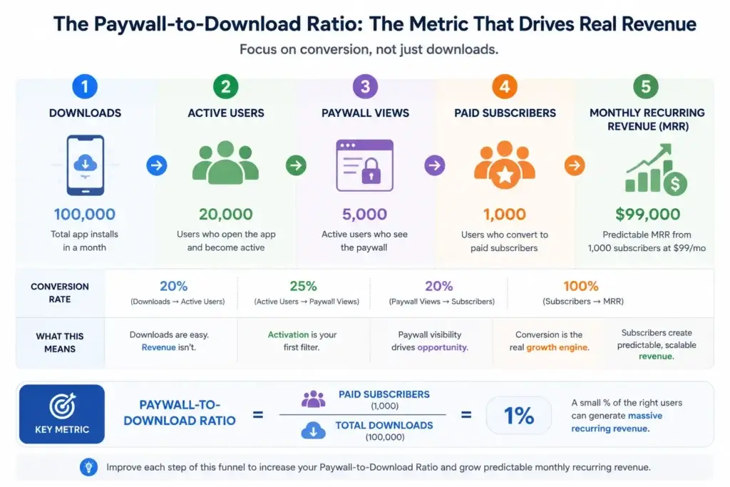 The 100,000 Download Myth: Why 1,000 B2B Subscribers Will Out-Earn Your Free App 1 Paywall-to-download ratio funnel for B2B app monetization strategy