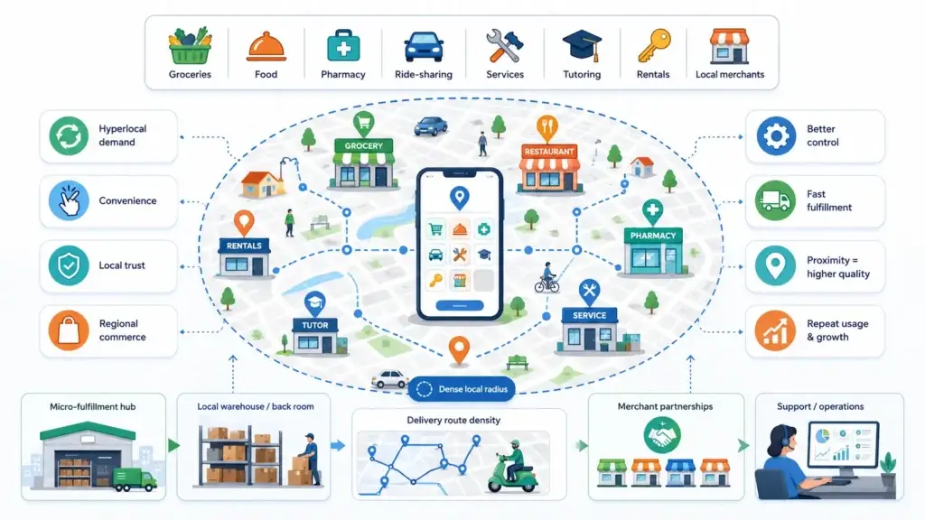 The Rise of the โMicro-Monopolyโ: How Localized Apps Dominate Regional Commerce 2 Localized app categories infographic showing groceries, food, pharmacy, ride-sharing, services, tutoring, rentals and local merchants connected through a hyperlocal app map with customer demand, convenience, local trust, regional commerce, fast fulfillment, proximity, repeat usage, merchant partnerships, delivery route density and support operations.