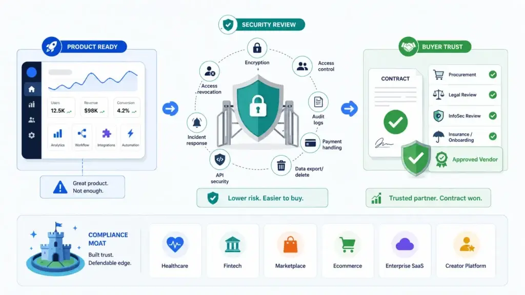 The Pre-Launch Compliance Checklist: Meeting Enterprise Security Standards 1 Enterprise app security compliance infographic showing product-ready software passing security review with encryption, access control, audit logs, incident response, API security, payment handling, data export and deletion, procurement review, legal review, InfoSec review, insurance onboarding and approved vendor status.