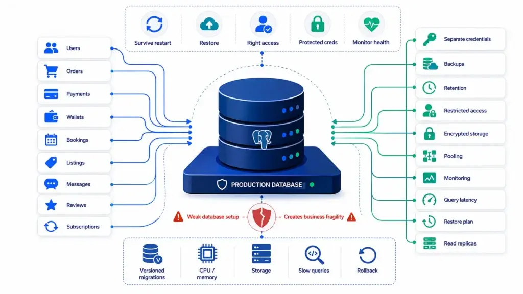Beyond the Code: The DevOps Guide to Launching Production Architecture 2 Production database architecture infographic showing users, orders, payments, wallets, bookings, listings, messages, reviews and subscriptions connected to a secure production database with backups, retention, restricted access, encrypted storage, pooling, monitoring, query latency, restore plan, read replicas, rollback and versioned migrations.