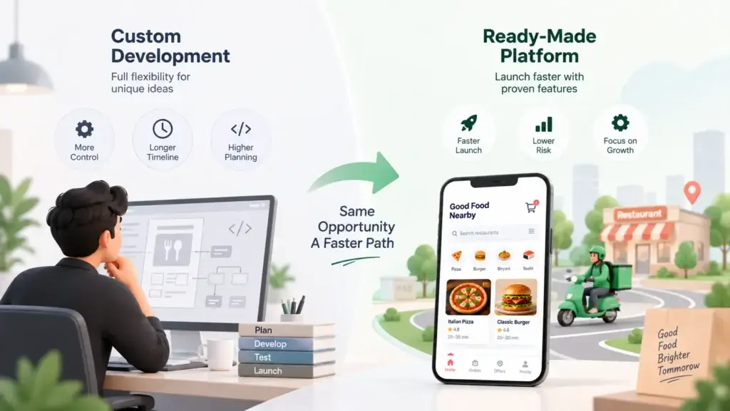 Food Delivery Marketplace Business Model: How Restaurants, Customers, Riders, and Platform Economics Connect 2 Ready-made food delivery platform compared with custom development based on launch time, control, risk, planning, and growth.