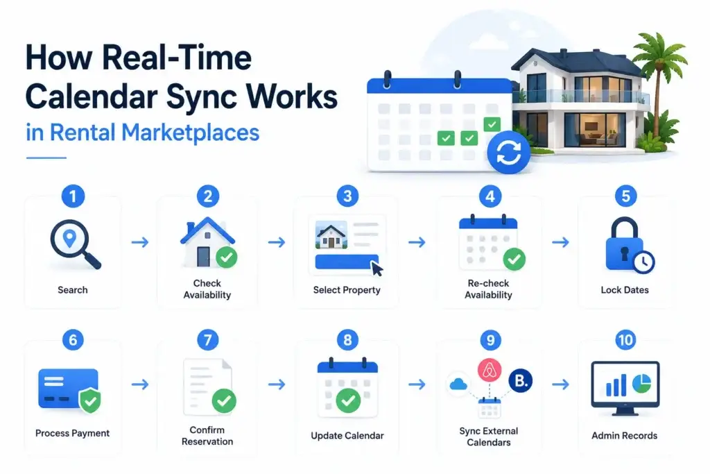 How Rental Marketplaces Prevent Double-Bookings With Real-Time Calendar Sync 1 Real-time calendar sync in rental marketplaces showing availability checks, property selection, date locking, reservation confirmation, and external calendar synchronization.