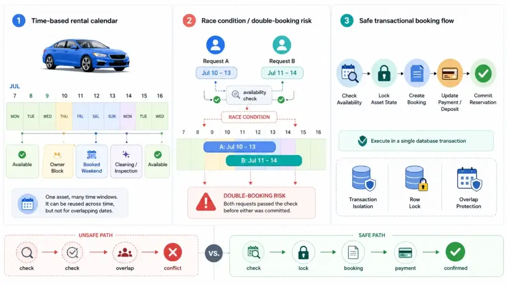 Designing a Peer-to-Peer Rental Engine: Solving the Availability Challenge 1 Peer-to-peer rental calendar infographic showing time-based asset availability, car rental calendar, owner block, booked weekend, cleaning inspection buffer, race condition, double-booking risk, safe transactional booking flow, row locks, overlap protection, payment update and reservation confirmation.