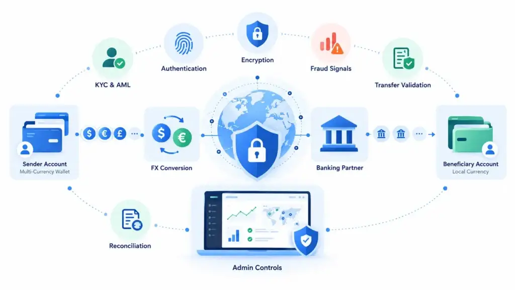 What Security Controls Should a Cross-Border Payment Platform Use for Users, Transfers, and Admin Operations? 2 Secure cross-border payment flow showing KYC and AML, authentication, encryption, fraud signals, transfer validation, FX conversion, banking partners, beneficiary accounts, reconciliation, and admin controls.