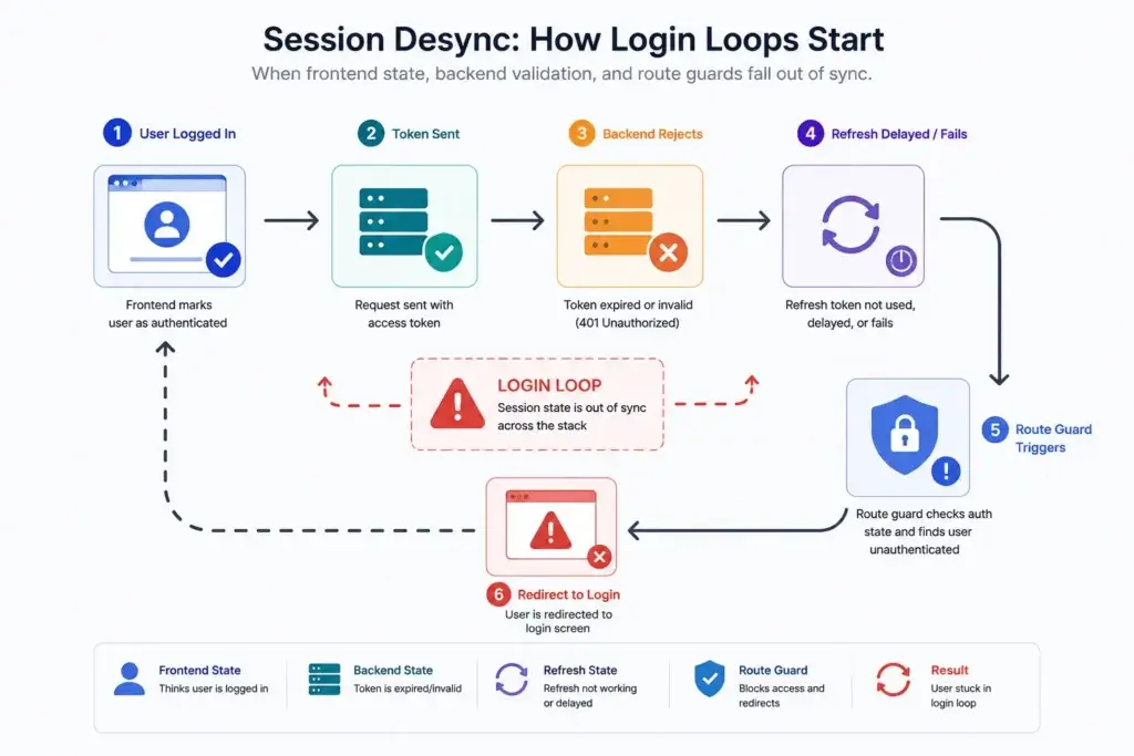 The Authentication Loop: Analyzing Session Failures in AI-Generated MVPs 2 Session desync flowchart showing how frontend login state, backend token rejection, refresh delay, and route guards create login loops
