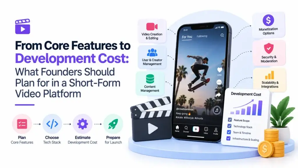Short-form video platform development planning showing video creation, creator management, content management, monetization, security, scalability, integrations, and development cost factors.