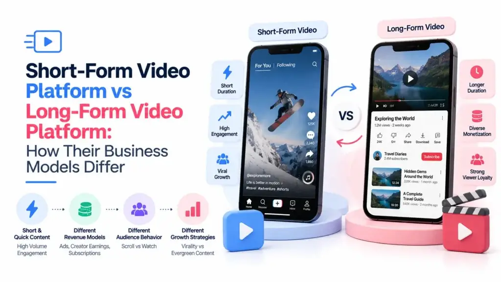 Short-form video platform vs long-form video platform comparison showing content duration, engagement, monetization, audience behavior, viewer loyalty, and growth models.