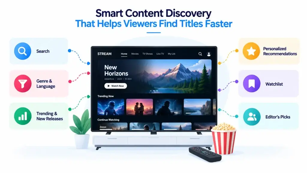 What Makes an OTT Streaming Platform Competitive? Features That Improve Discovery, Viewing, and Retention 1 Smart content discovery features for an OTT streaming platform including search, genre filters, trending titles, personalized recommendations, watchlists, and editor picks