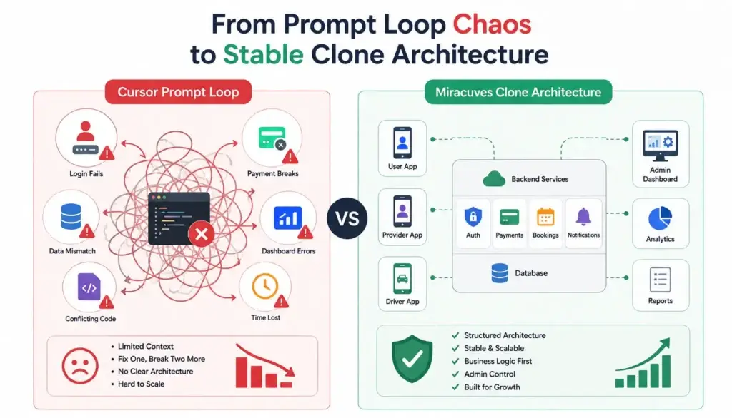Escaping the Prompt Loop: How to Debug and Extract Logic from Cursor Builds 3 Comparison of Cursor AI prompt loop chaos and stable Miracuves clone app architecture with backend, admin, database, and app modules