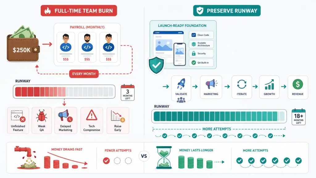 The Staffing Trap: The True Financial Cost of Building an Internal Dev Team 1 Startup staffing cost infographic showing full-time developer team burn, monthly payroll, $250K budget, short runway, unfinished features, weak QA, delayed marketing, technical compromise and early fundraising compared with a launch-ready foundation that preserves runway, supports validation, marketing, iteration, growth and revenue.