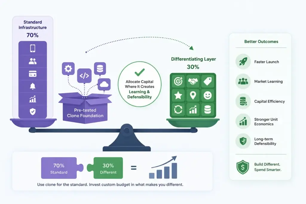 Clone App vs AI-Built vs Custom: The Definitive Startup Choice Matrix 2 Startup app development infographic showing a 70% standard infrastructure layer with pre-tested clone foundation and a 30% differentiation layer for custom features, market learning, capital efficiency, stronger unit economics, faster launch, and long-term defensibility.