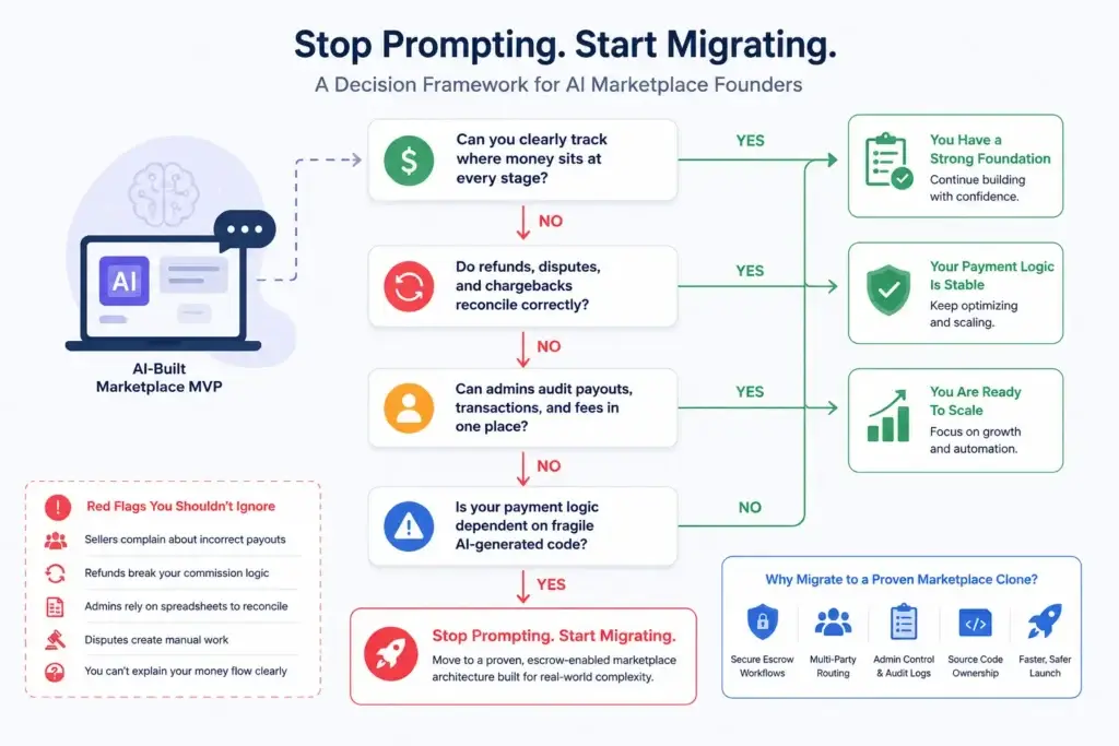 Escrow Routing Failures: The Decision Framework for AI Marketplace Startups 3 Decision framework showing when AI marketplace founders should stop prompting and migrate to marketplace clone architecture
