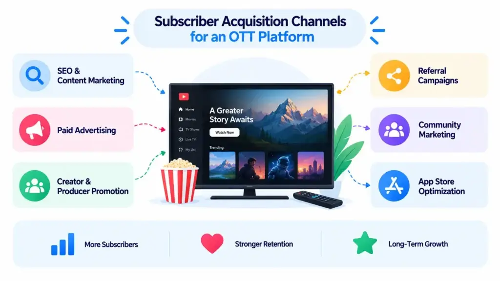 Go-to-Market Strategy for an OTT Streaming Platform: Content Supply, Subscriber Acquisition, and Retention 1 Subscriber acquisition channels for an OTT streaming platform go-to-market strategy including SEO, paid advertising, creator promotion, referrals, community marketing, and app store optimization